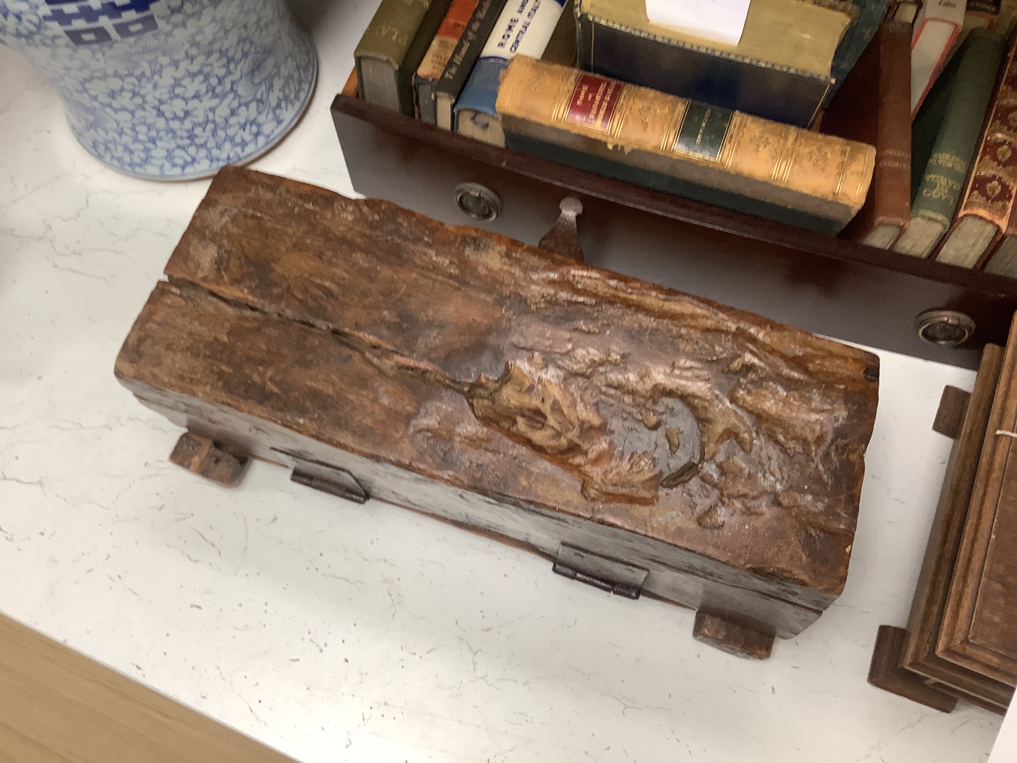 An Indian hardwood and wrought iron strong box, 40.5cm wide